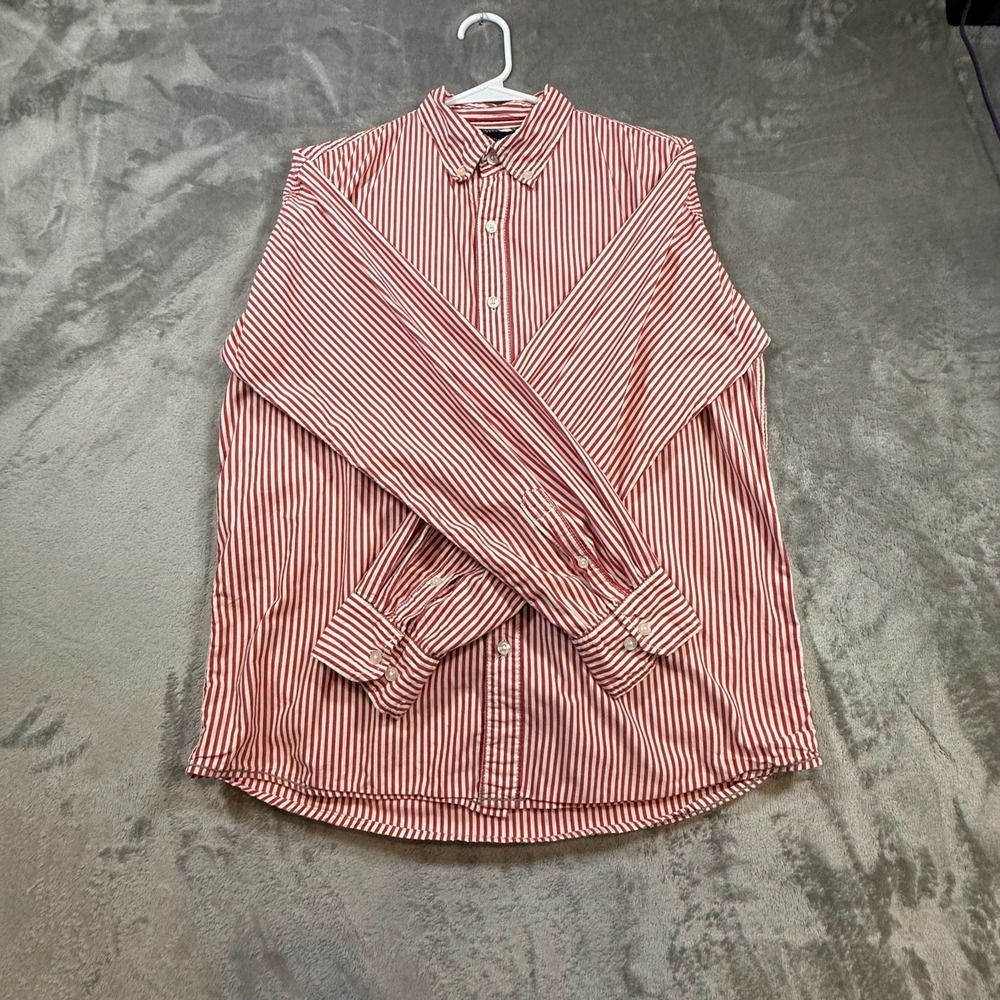 U.S. Expedition Men's Medium Red White Striped Button Down Shirt 100% Cotton